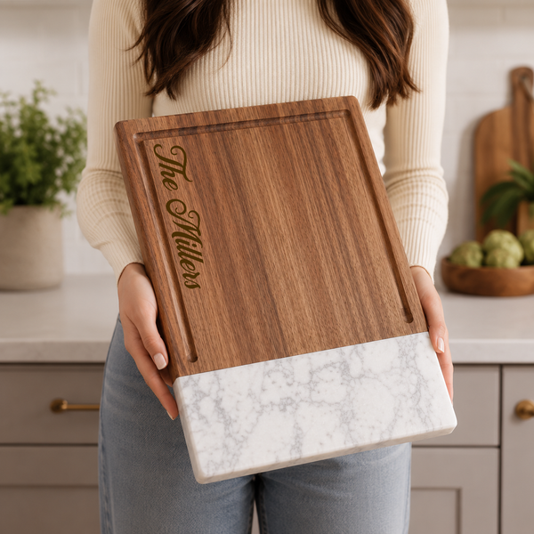 Premium Acacia Wood & Marble Serving Board | Personalized Engraved Kitchen Gift