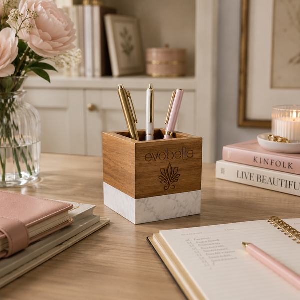 Personalized Marble & Acacia Wood Desk Organizer – Custom Engraved Appreciation Gift
