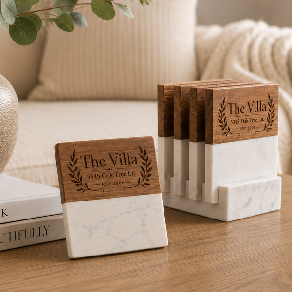 Custom Engraved Coaster Set – 4 Marble & Wood Coasters with Matching Holder