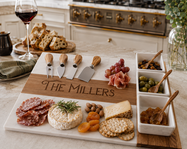 Personalized Lux Marble & Acacia Wood Charcuterie Board Set with Engraved Family Name